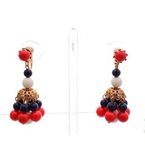 Red White & Blue Cha Cha Earrings Beaded Dangle Clip On Vintage 50s Patriotic